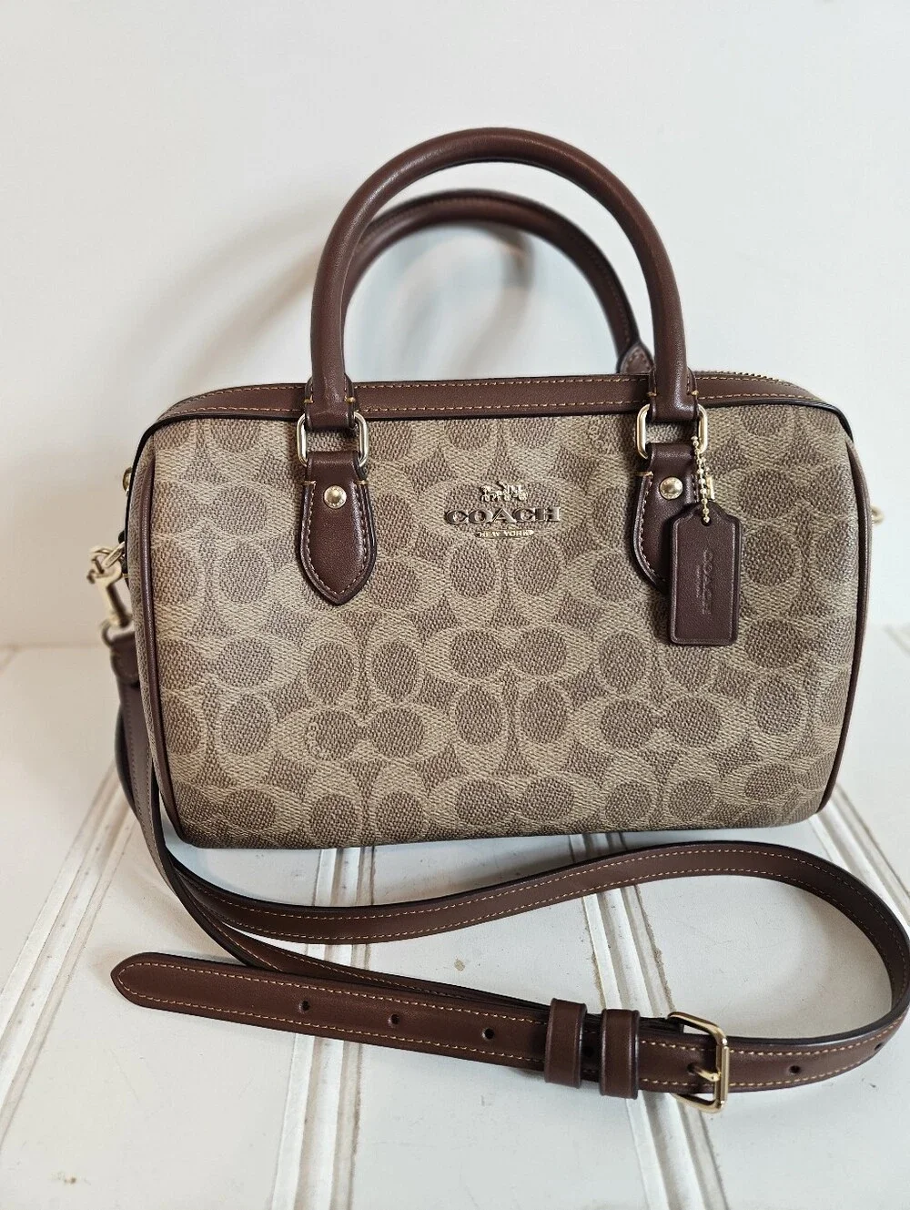 Coach Satchel OS Rowan Signature Canvas Crossbody Top Handle Gold Tan Brown